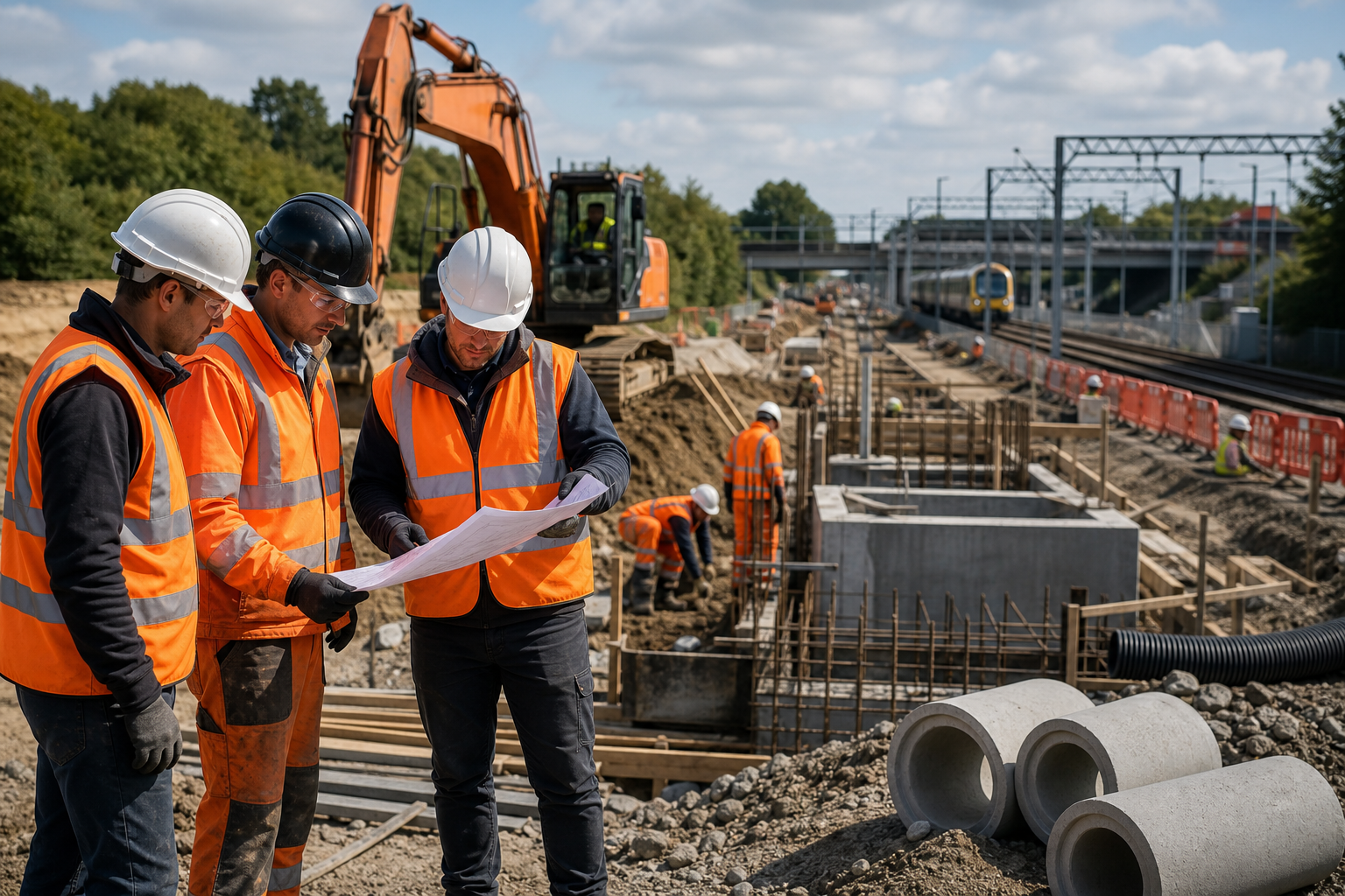 Civil engineering and rail supervisors reviewing project information on site