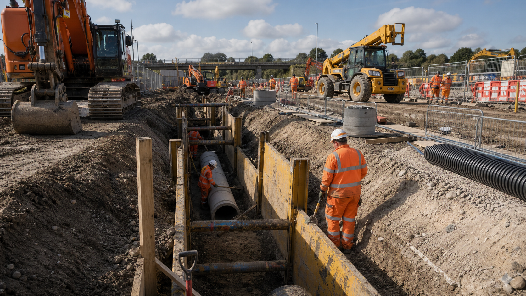 Deep drainage and utilities project with excavators and trench works