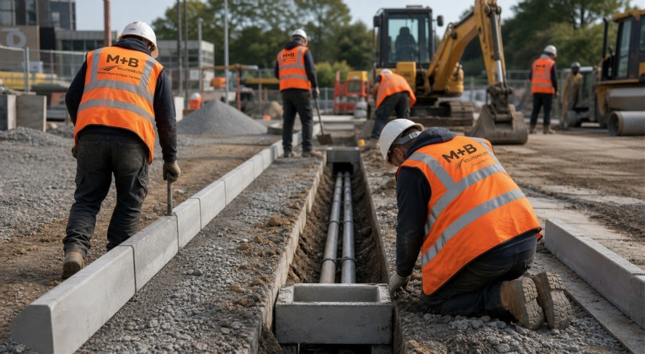 Civil engineering operatives working on groundworks and drainage