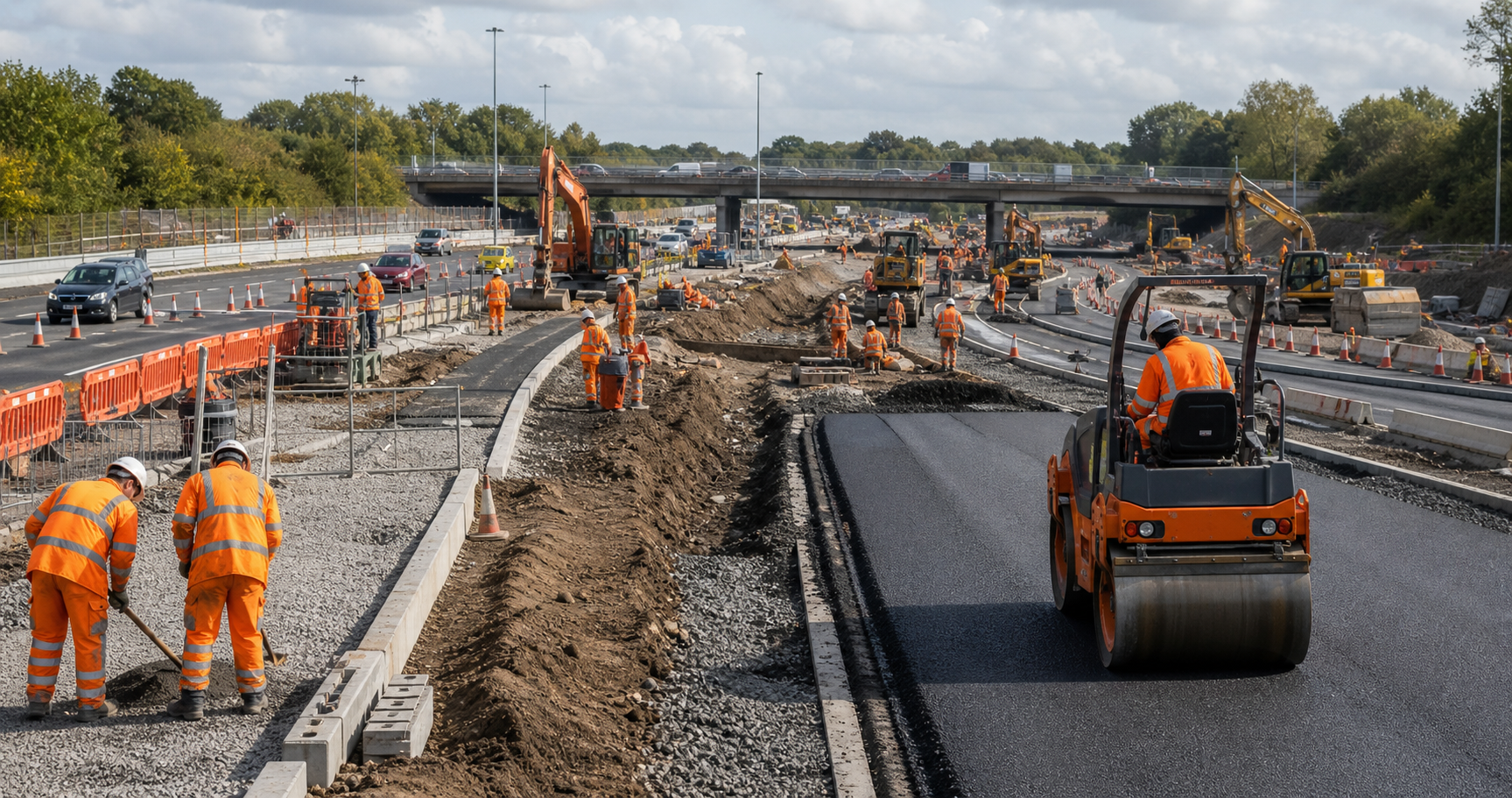 Highways construction project with roadworks and plant machinery