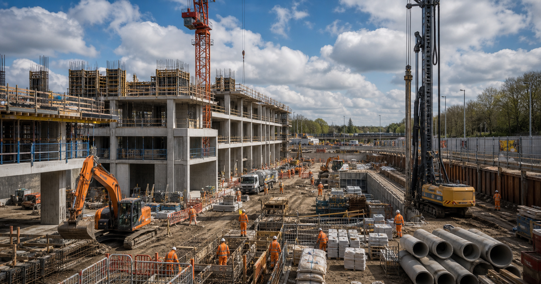 Large civil engineering and construction site with plant, cranes and operatives